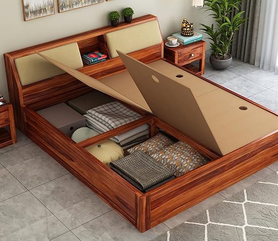 Curious Lifestyle Sheesham Wood King Size Bed with Hydraulic and Headboard Storage for Living Room Home Bedroom Wooden Double Bed Cot Palang Furniture (Walnut Finish)