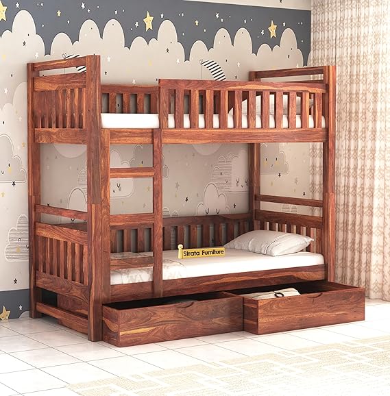 Curious Lifestyle Solid Sheesham Wood Bunk Bed With Trundle Wooden Bunk Bed With Ladder For Bedroom Living Room Home (Walnut Finish, 1.68 M, 2.08 M, 0.99 M)