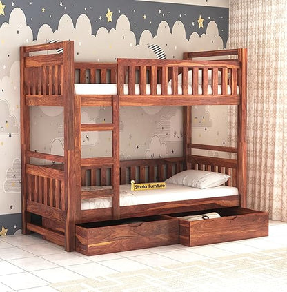 Curious Lifestyle Solid Sheesham Wood Bunk Bed With Trundle Wooden Bunk Bed With Ladder For Bedroom Living Room Home (Walnut Finish, 1.68 M, 2.08 M, 0.99 M)