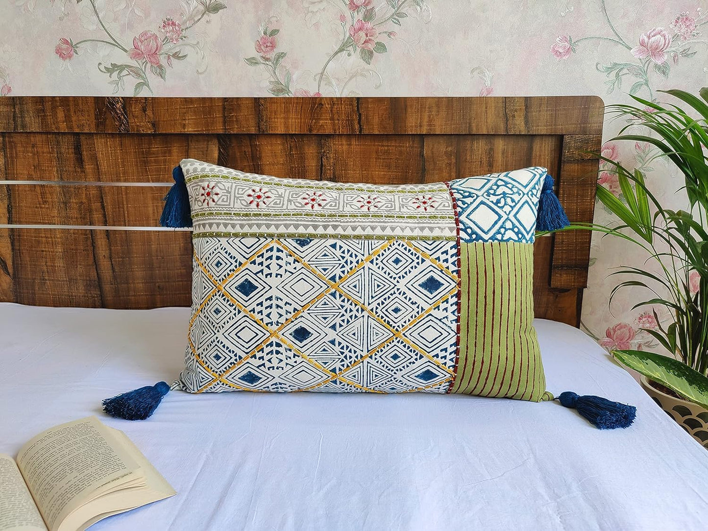 Pure Cotton Rectangular Shape Handblock 12 inch x 20 inch Boho Shaggy Pillow