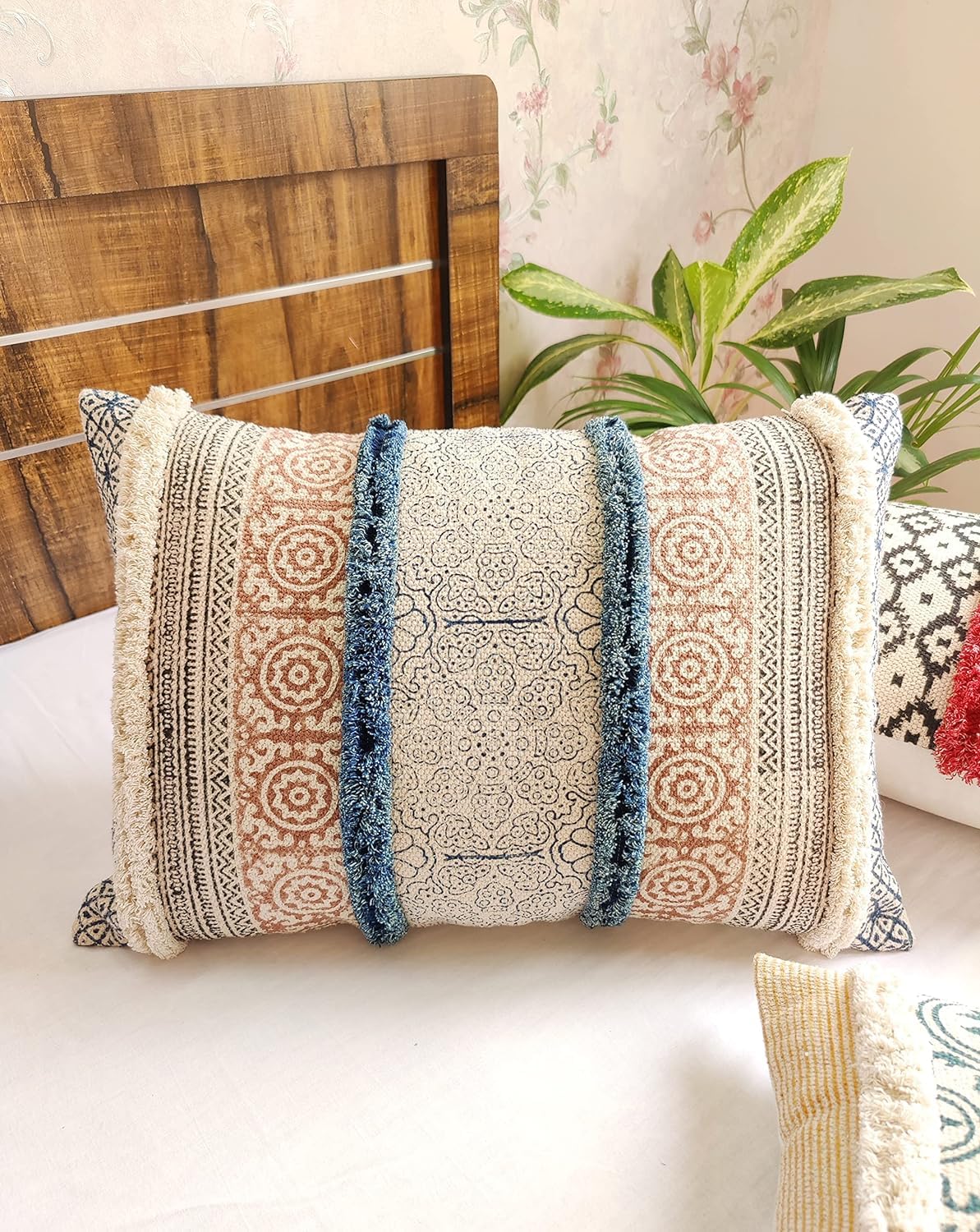 Pure Cotton Rectangular Shape Handblock 12 inch x 20 inch Boho Shaggy Pillow
