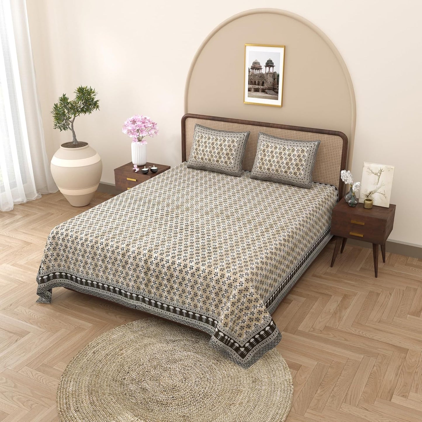 Curious Lifestyle 100% Cotton Printed Bedsheet for King Size Bed with 2 Pillow Covers – 144 TC