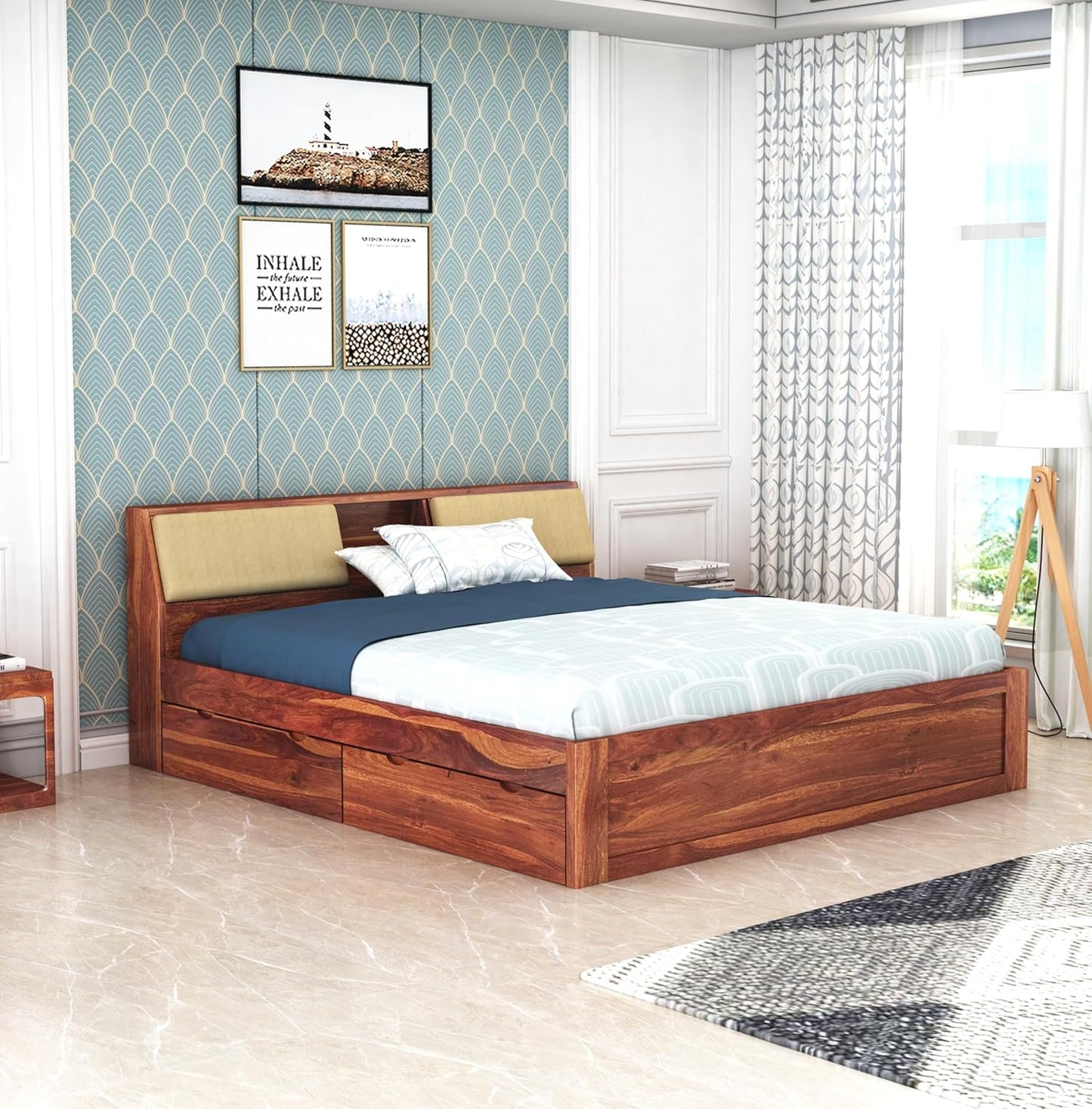 Curious Lifestyle Sheesham Wood King Size Bed with Box Storage Wooden Double Bed Cot Bed Furniture for Bedroom Living Room Home - (Walnut Finish)