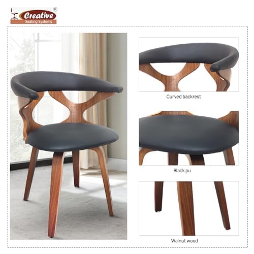 Highlight of curved backrest, black PU seat, and walnut wood material in Creative modern chair.