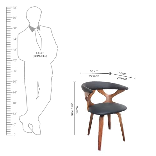  Measurement guide showing height and width of the modern walnut chair beside 6 feet figure.

