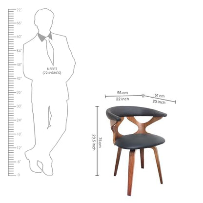  Measurement guide showing height and width of the modern walnut chair beside 6 feet figure.

