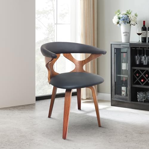 Creative walnut chair placed in a modern room beside wine cabinet and large window.