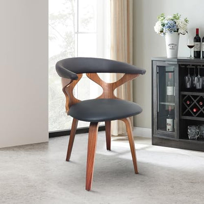 Creative walnut chair placed in a modern room beside wine cabinet and large window.