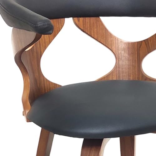  Close view of walnut wood backrest and black faux leather seat with curved design.