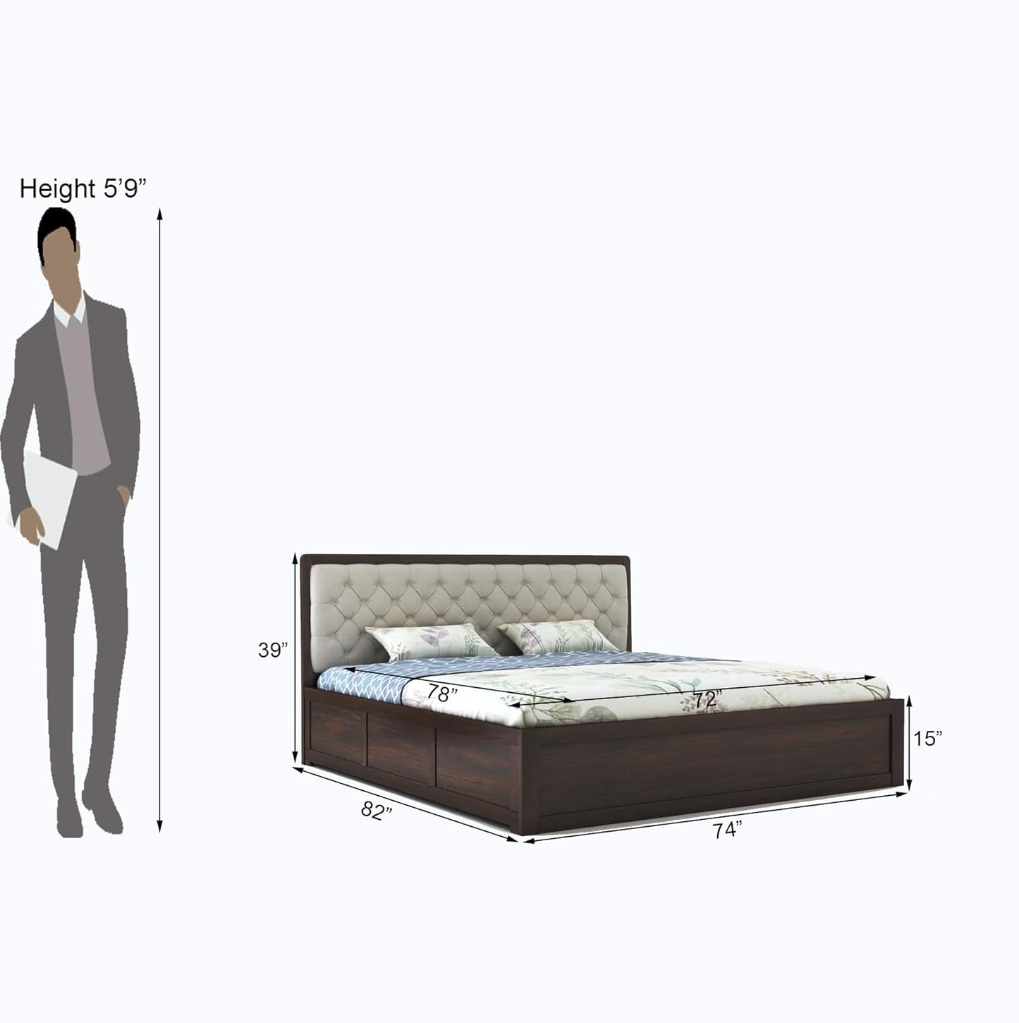 Contemporary Queen Bed with Padded Headboard and Solid Wood Base – Walnut Finish

