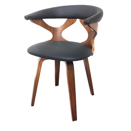  Side angle of Creative Modern Walnut Wood Chair with curved back and black faux leather seat.

