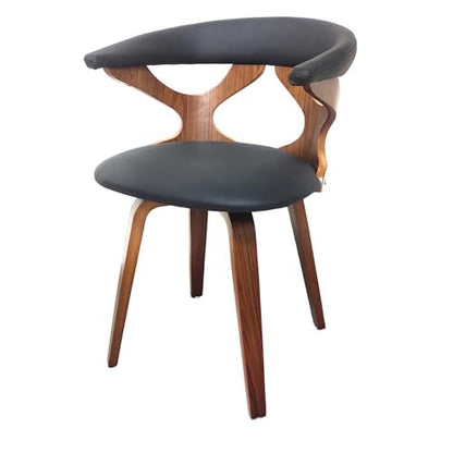  Side angle of Creative Modern Walnut Wood Chair with curved back and black faux leather seat.

