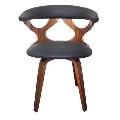  Front view of walnut wood frame chair with curved backrest and cushioned black seat.