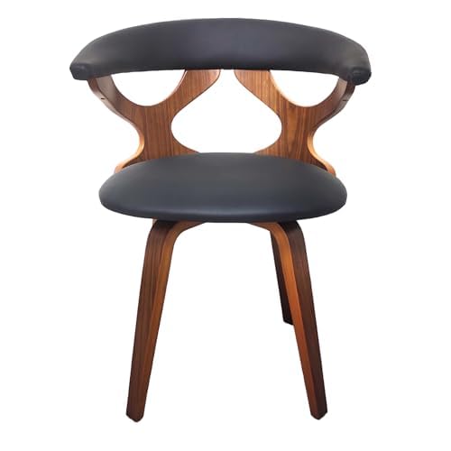  Front view of walnut wood frame chair with curved backrest and cushioned black seat.