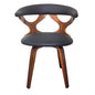  Front view of walnut wood frame chair with curved backrest and cushioned black seat.