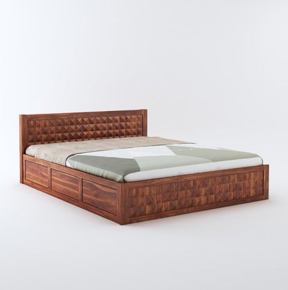 Solid wood double bed with box storage for modern bedroom