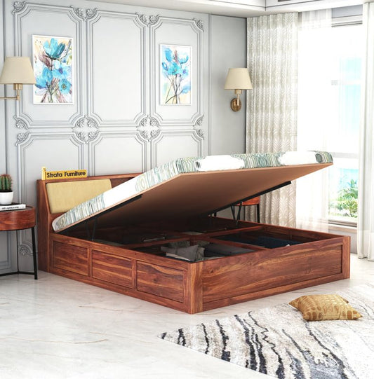 Sheesham Wood Hydraulic King Size Bed Walnut Finish