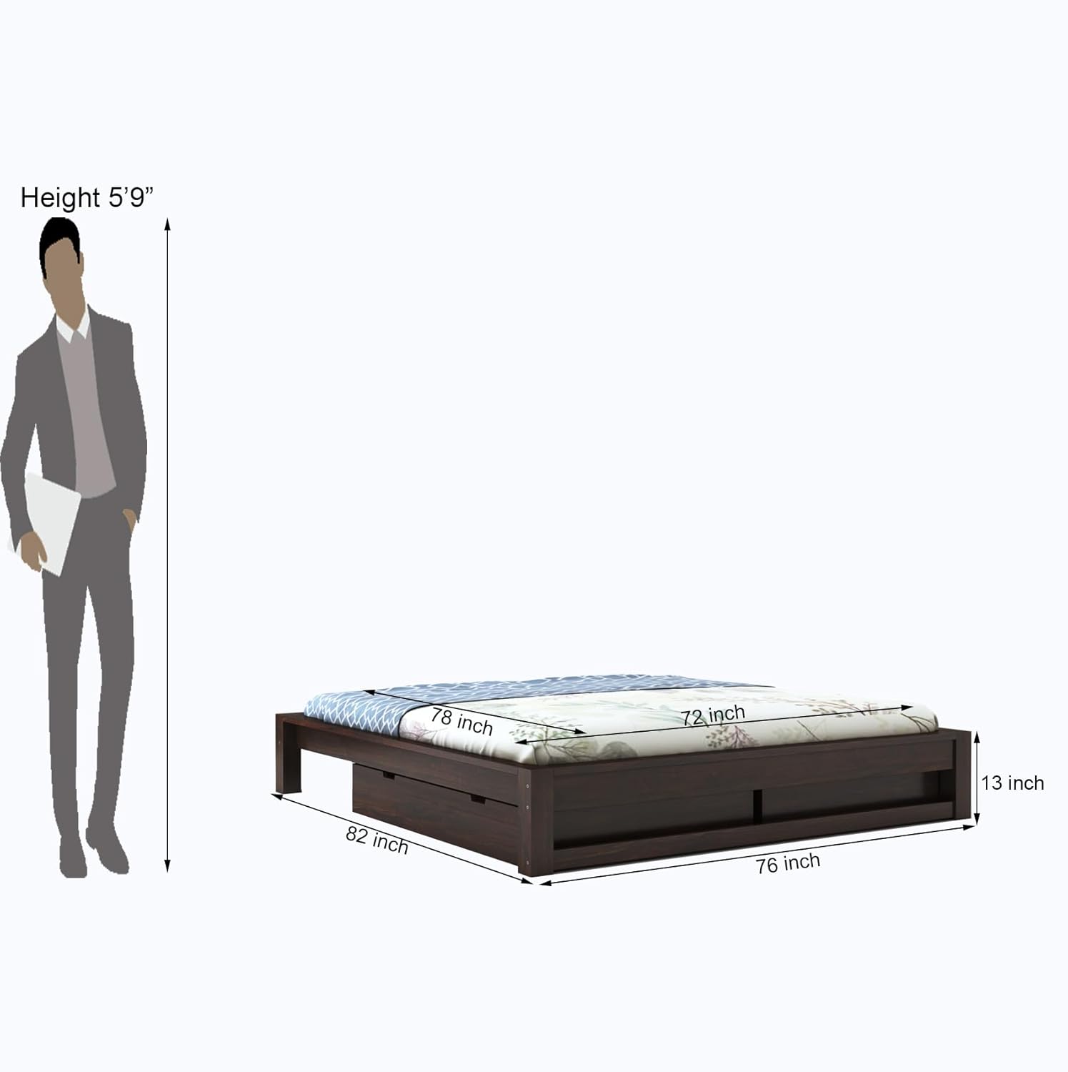 Curious Lifestyle Sheesham Wood Storage Bed – Queen Size with Low Profile Modern Look

