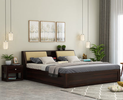 Curious Lifestyle wooden double cot bed with cushioned headboard


