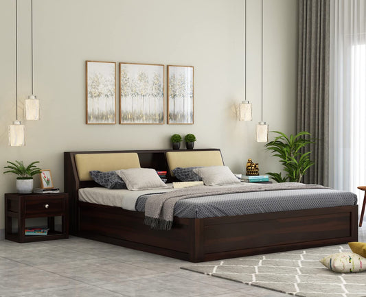 Curious Lifestyle wooden double cot bed with cushioned headboard

