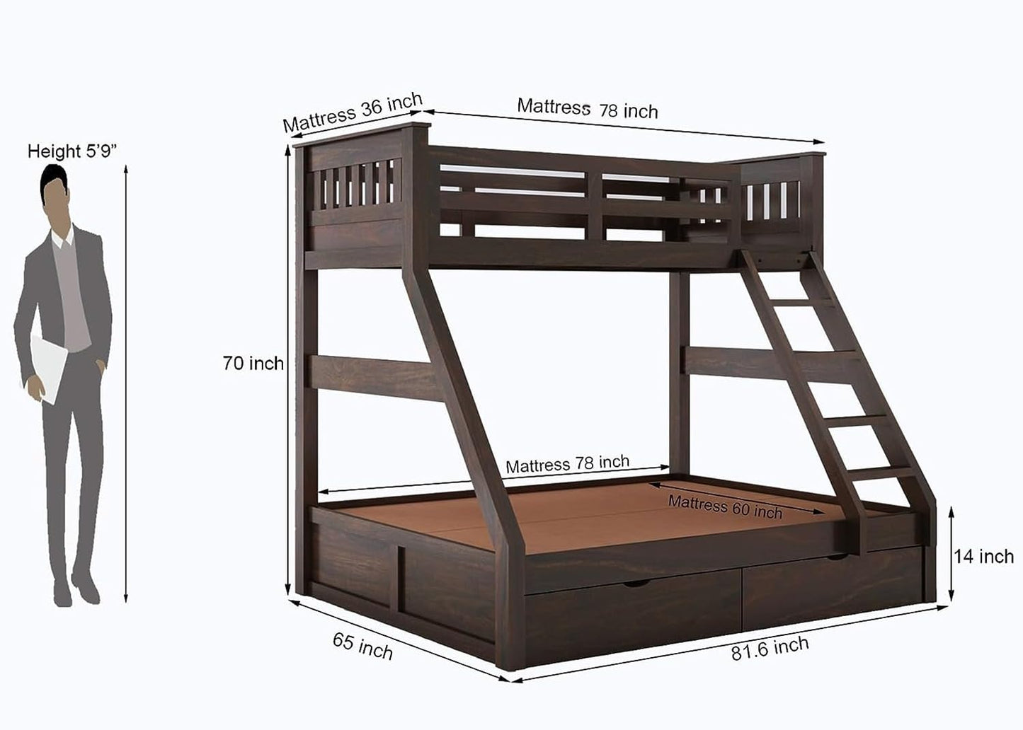Double bunk bed in walnut finish