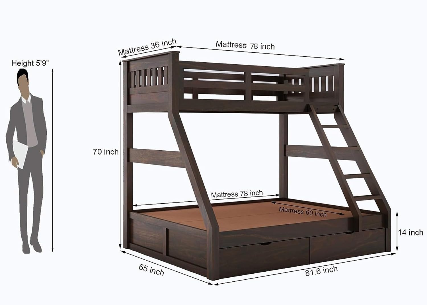 Double bunk bed in walnut finish