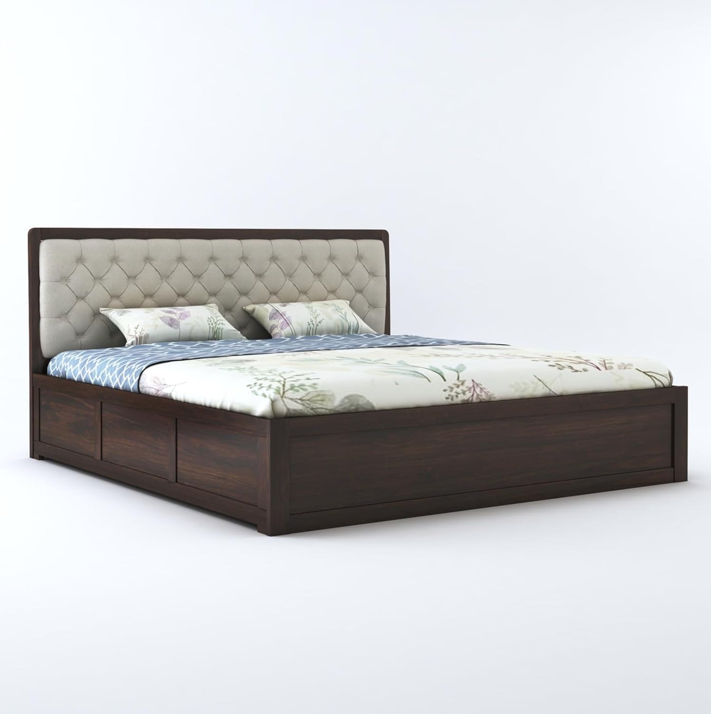 Elegant Queen Size Storage Bed in Rich Walnut Finish – Solid Wooden Frame

