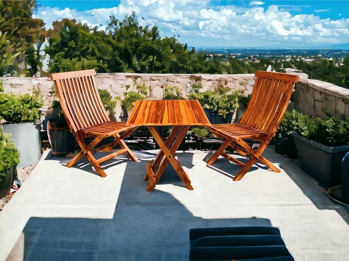 Foldable wooden garden furniture set with 2 chairs and round table for terrace

