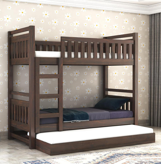 Functional bunk bed with trundle for kids or guests – solid wood design with ladder and rich walnut polish

