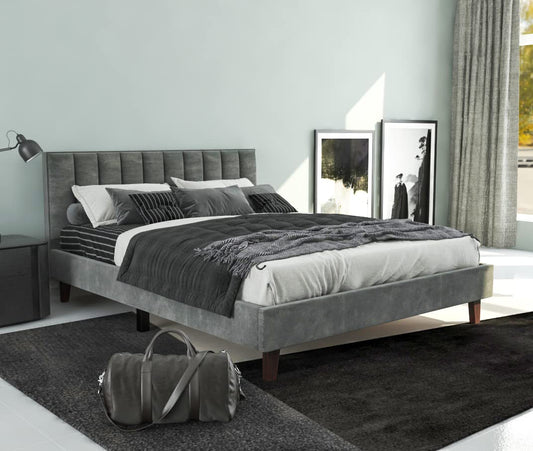 Grey Sheesham Wood King Size Bed with Upholstered Headboard – Modern Bedroom Furniture

