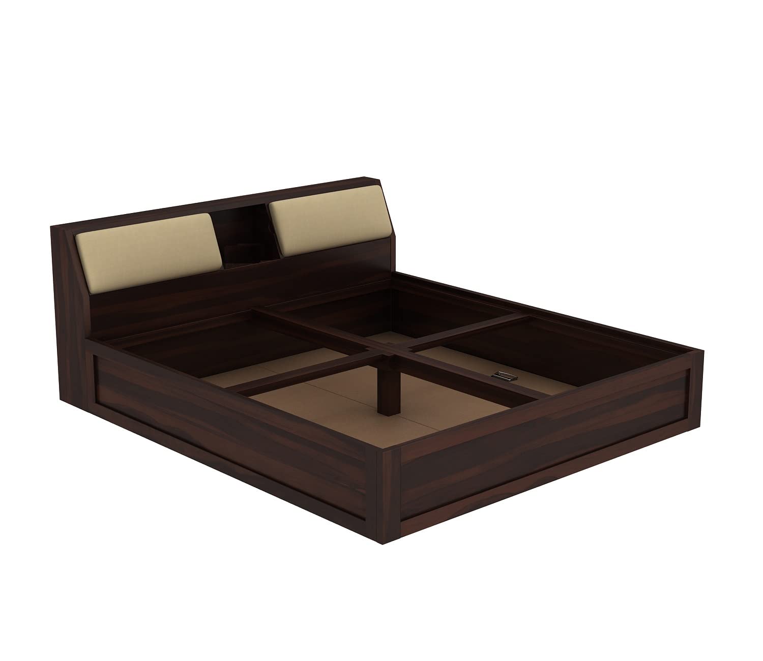 High-end wooden bed with upholstered headboard and storage drawer

