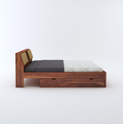 Wooden double bed with headboard storage