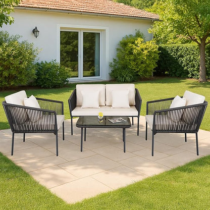 Outdoor 4 Seater Rope Sofa Set with Cushions