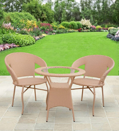 Outdoor rattan wicker balcony furniture set with 2 chairs and glass top table in garden