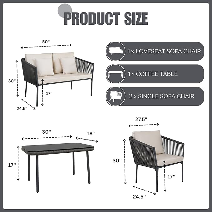 Patio Furniture 4 Seater Sofa with Glass Table