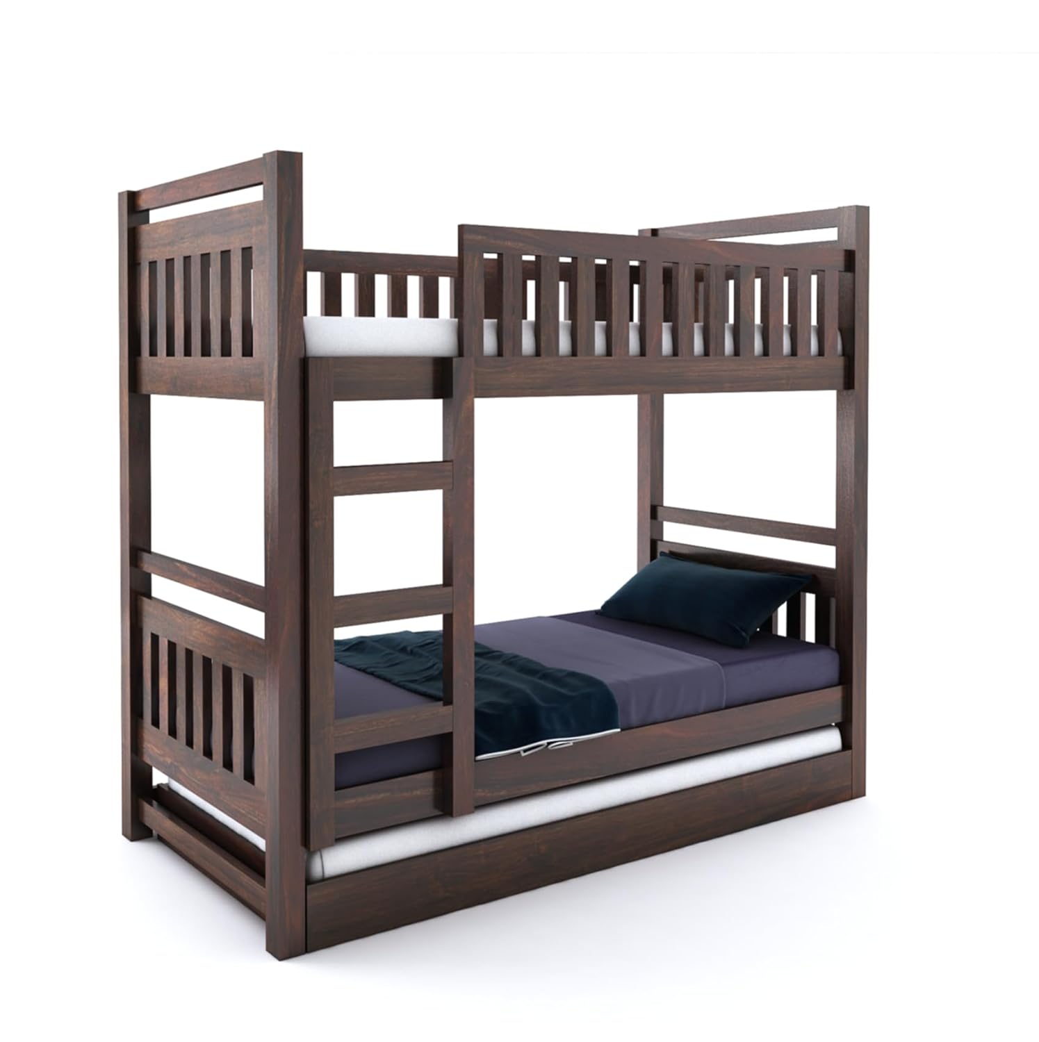 Premium walnut finish Sheesham bunk bed – built-in ladder and under-bed trundle unit for modern Indian homes

