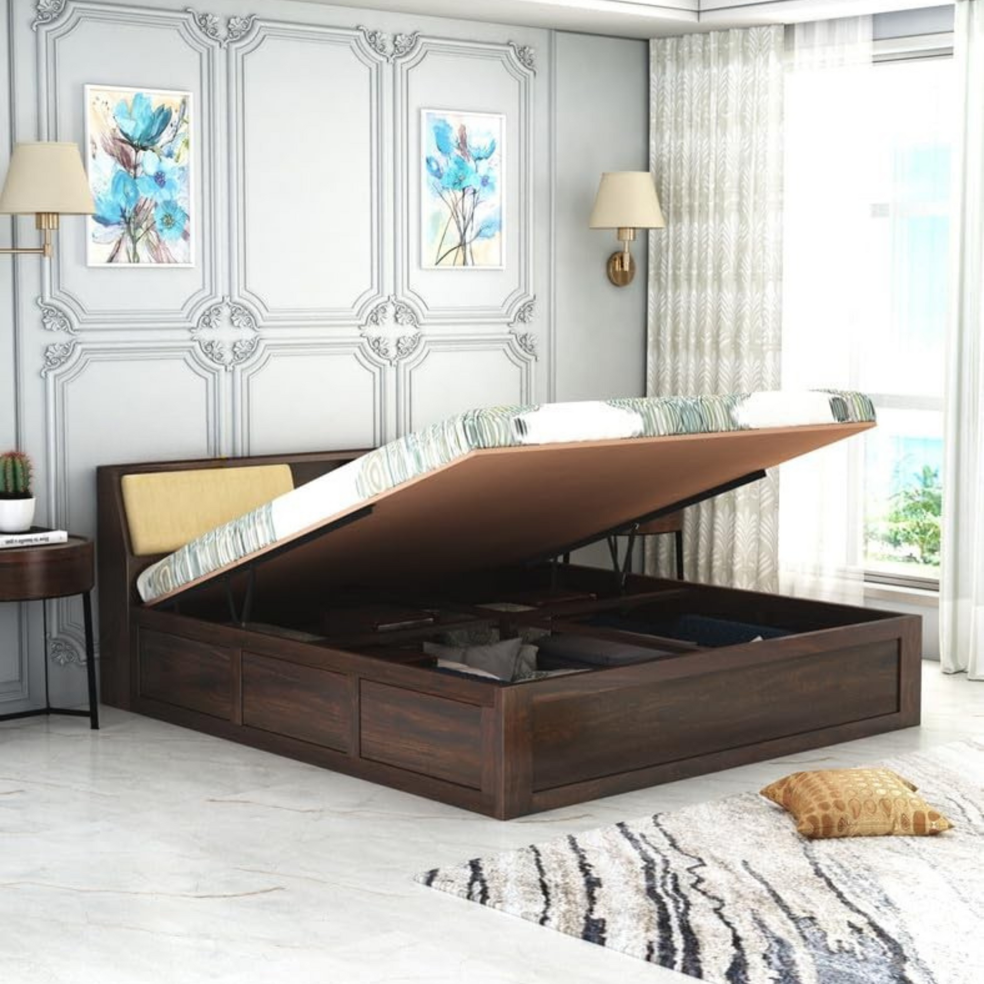 Sheesham wood king bed with hydraulic storage

