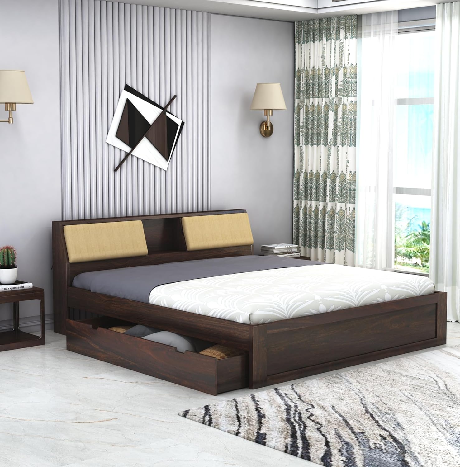 Sheesham wood king size bed with drawer storage – walnut finish

