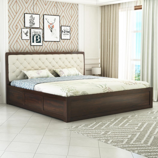 Solid Sheesham Wood Queen Size Bed with Storage – Walnut Finish for Bedroom

