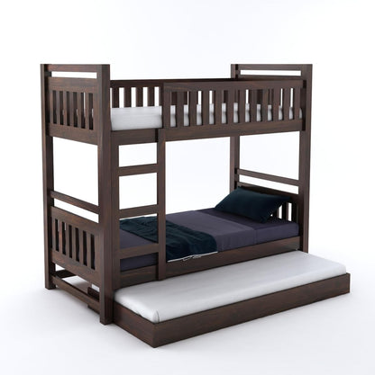 Solid Sheesham wood bunk bed with trundle and ladder – space-saving double bed for home in walnut finish
