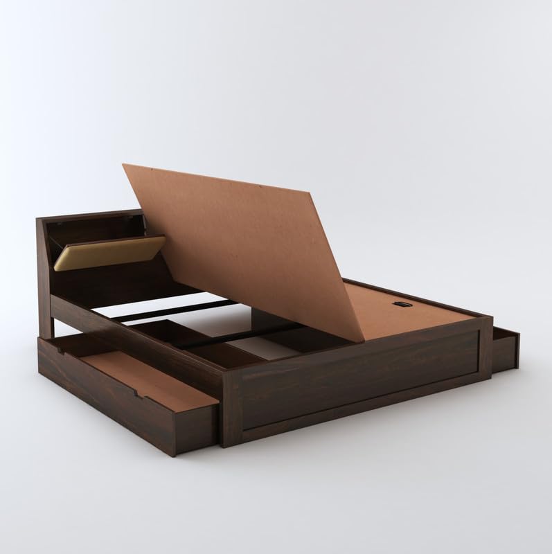 Solid wood double bed with drawer and cushion headboard

