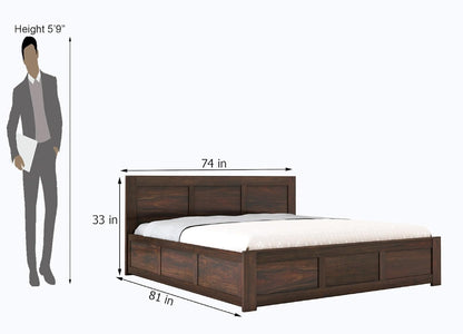 Spacious storage bed in solid sheesham wood and elegant walnut tone

