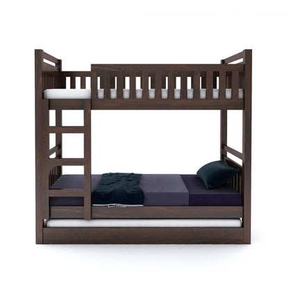 Sturdy wooden bunk bed with trundle drawer – stylish Sheesham wood bed for compact spaces

