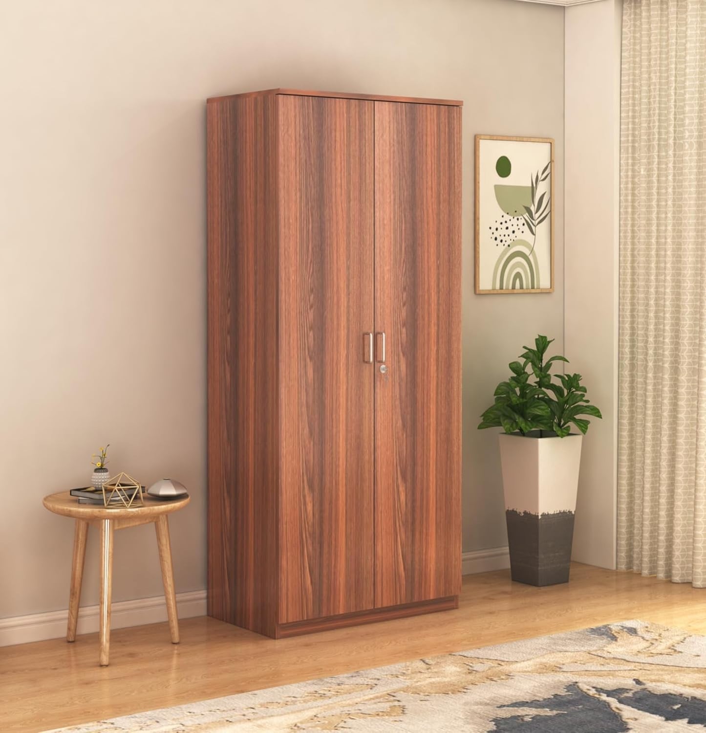 Two door wooden wardrobe with storage compartments