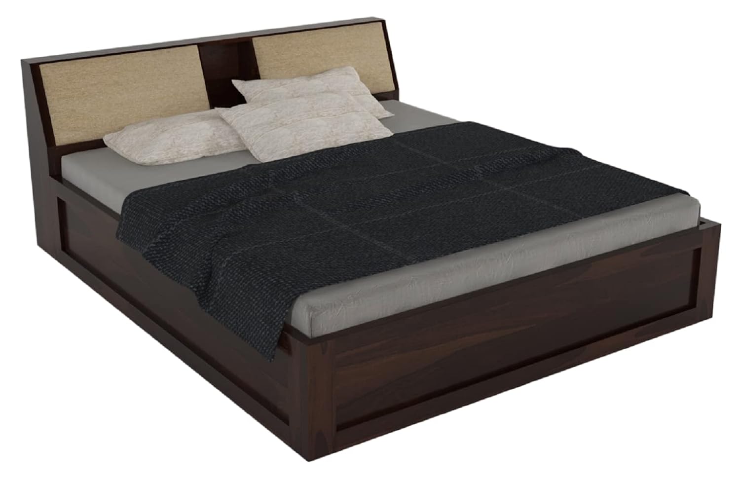 Walnut Finish Sheesham Wood Bed with Headboard Storage – Queen Size

