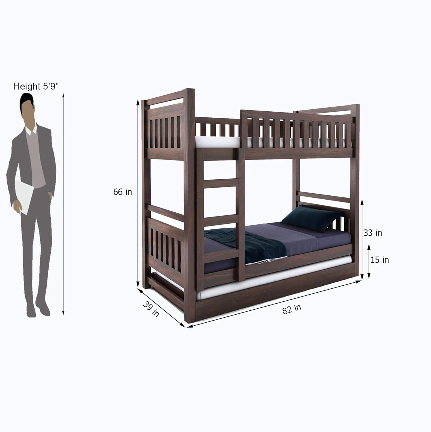 Walnut finish double bunk bed with ladder – handcrafted Sheesham bed with hidden trundle by Curious Lifestyle

