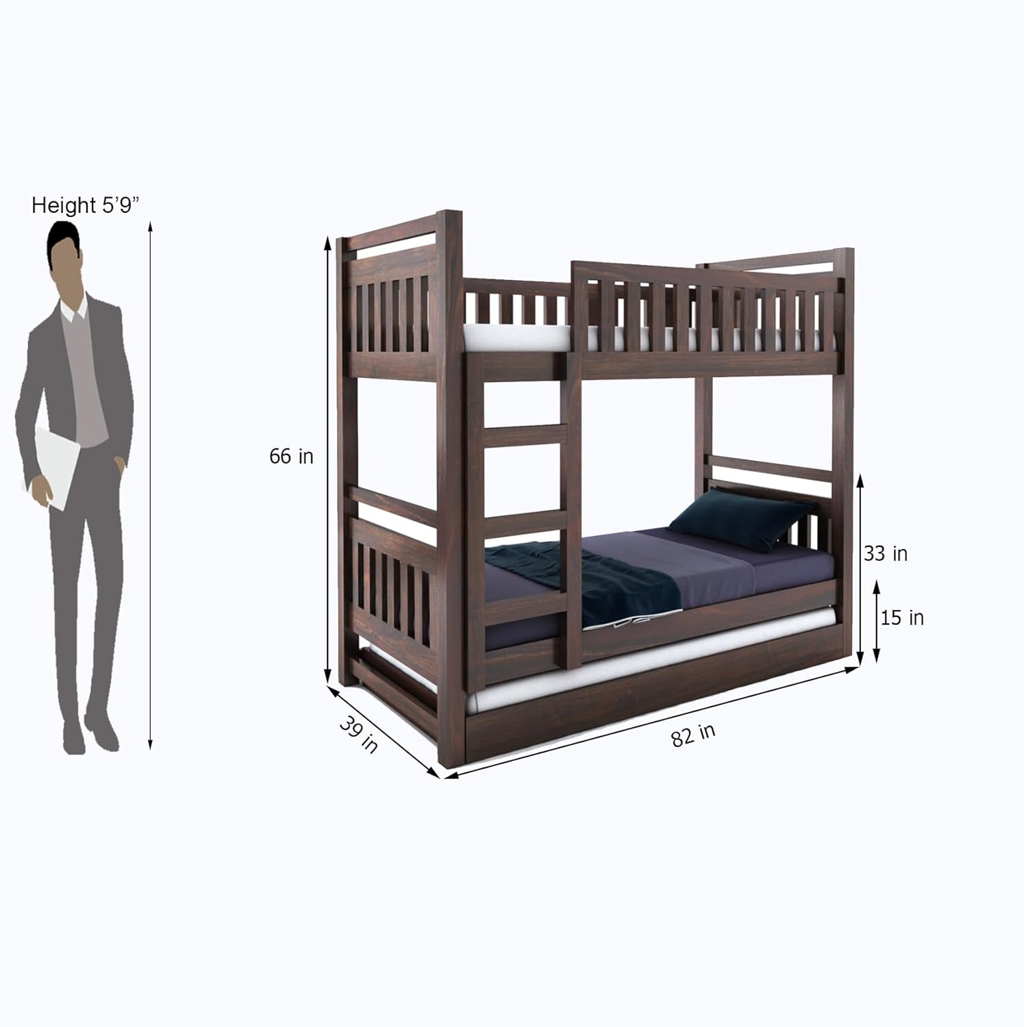 Walnut finish double bunk bed with ladder – handcrafted Sheesham bed with hidden trundle by Curious Lifestyle

