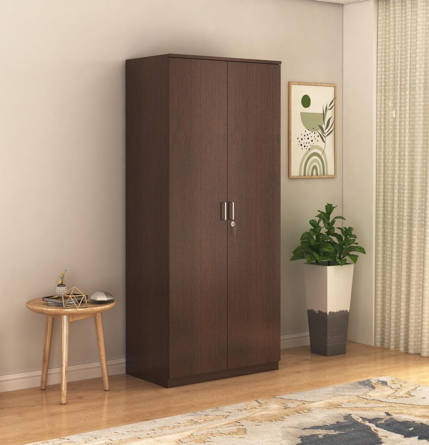 Wooden wardrobe with hanging space and storage