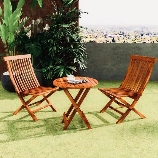 Wooden folding balcony chair and round table set for outdoor patio dining

