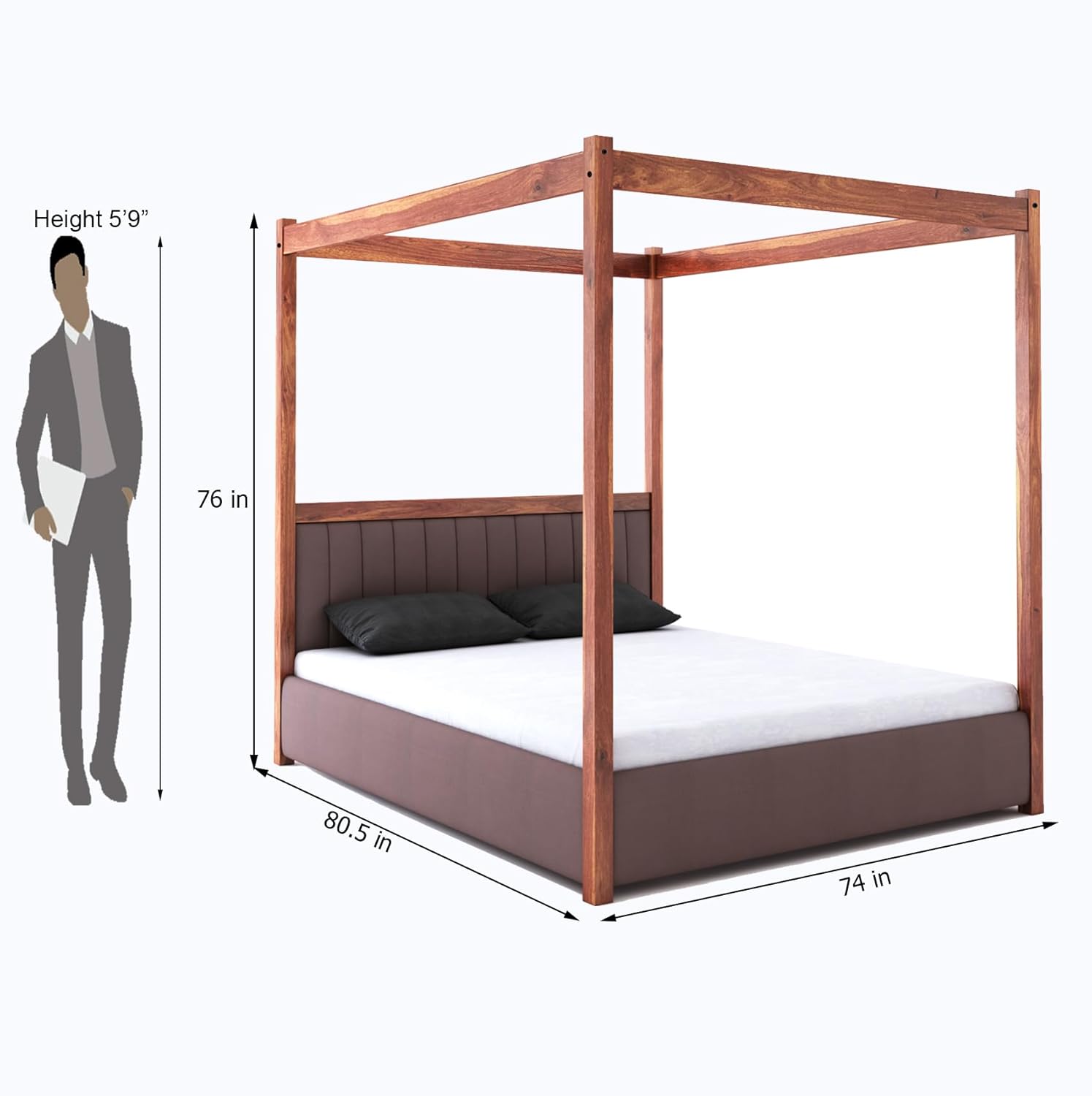 Wooden poster bed with upholstered headboard – king size